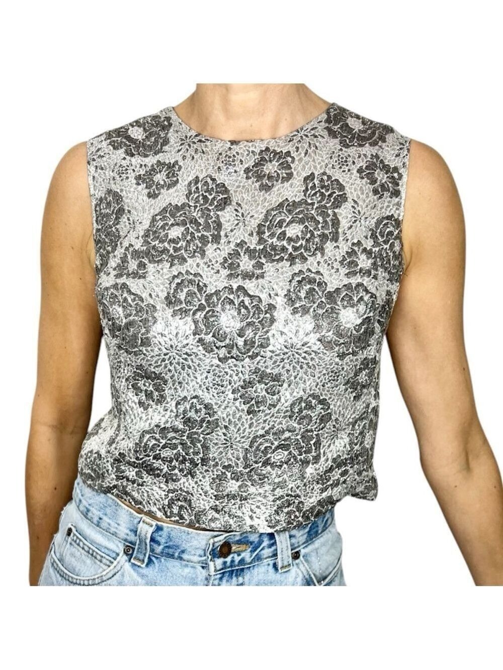 Vintage metallic silver grey button back sleeveless tailored top